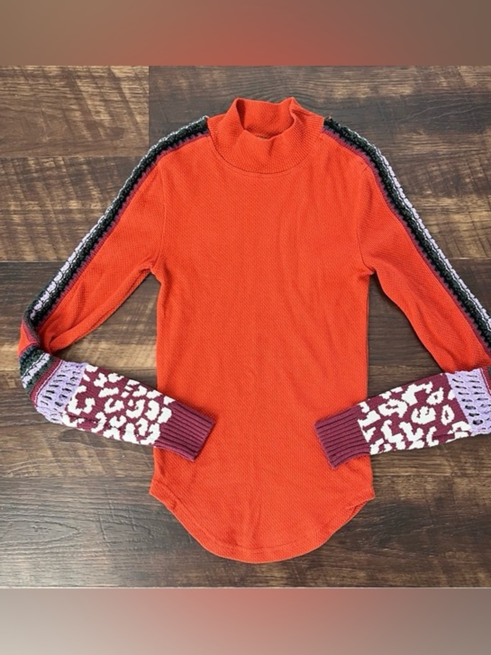 Free People Womens Switch It Up Thermal Top Boho Crochet Cuff Mock Neck Medium